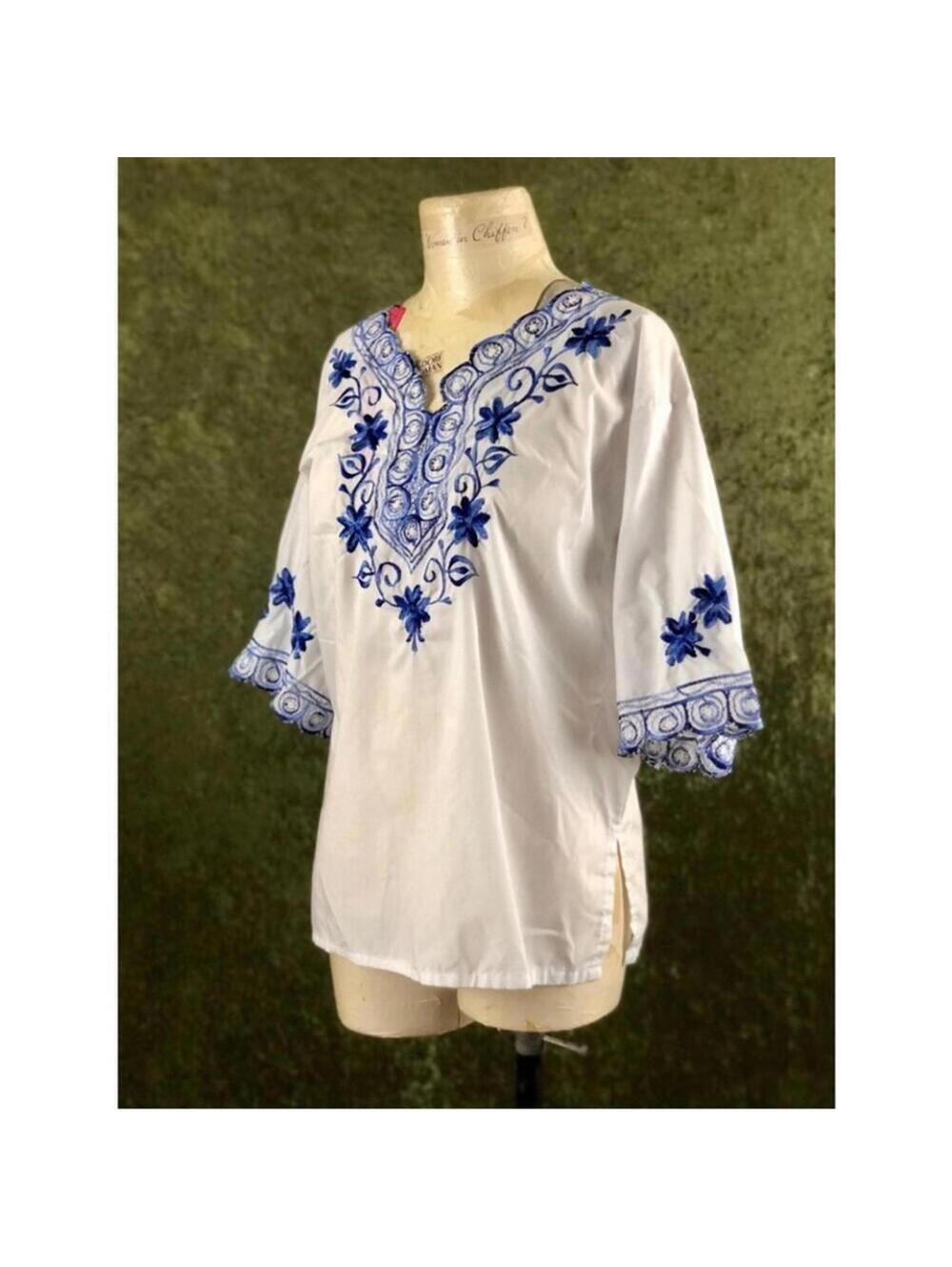 Vintage 2000s Grecian-inspired embroidered tops neck semi sheer vacation